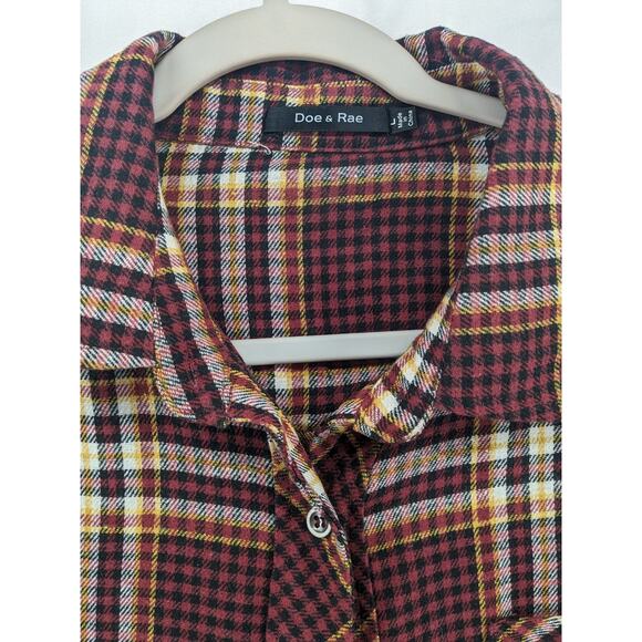 Doe & Rae Button Up Shirt L Red Yellow Plaid Flannel Long Sleeve Collared 12340T - Picture 2 of 12